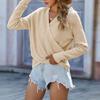Women's V Neck Wrap Sweaters Long Sleeve Knitted Asymmetric Hem Pullover Solid Color Tops
