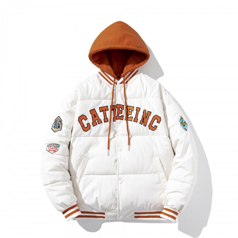 Winter PU Cotton Padded Jacket Loose Embroidered Patch Baseball Collar Coat Couples Teens