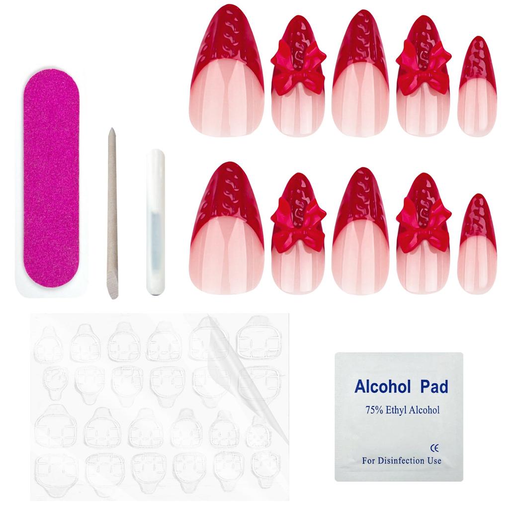 Women's Red Wearable Nails Christmas Manicure False Nails Bow Nail Tips(Glue 2ml)