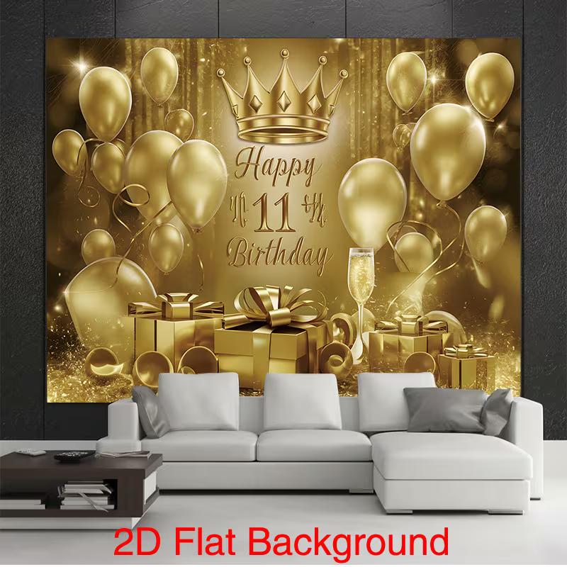 2D 11th Birthday Photography Backdrop Golden Crown & Balloon Photo Booth Banner