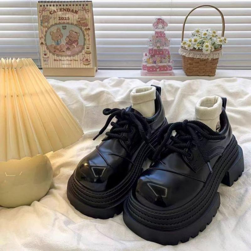 Women's Platform Leather Oxfords Chunky Sole Lace-Up Casual Shoes Thick Bottom Fashion Footwear