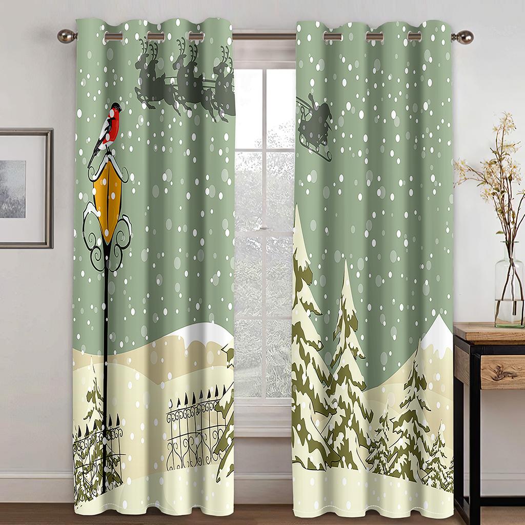 Christmas Decoration Curtain 3D Cartoon Santa Claus Christmas Tree Polyester Cloth Curtain Snowman Pattern Festive Atmosphere
