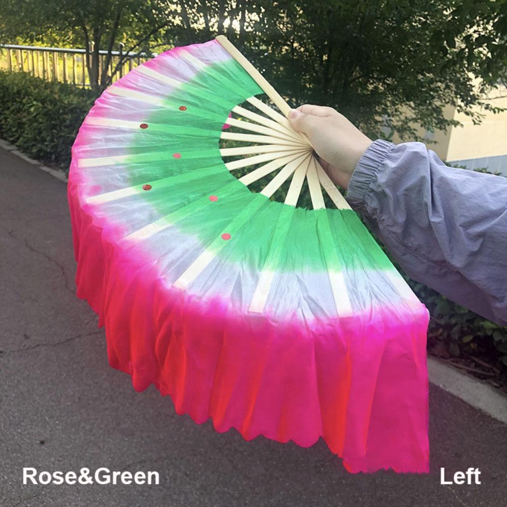 

26cm Bamboo Chinese Short Bellydance Fan Hand Dye Adults Fan Veil Pairs Yangko Dance Tools Rose&Green Left