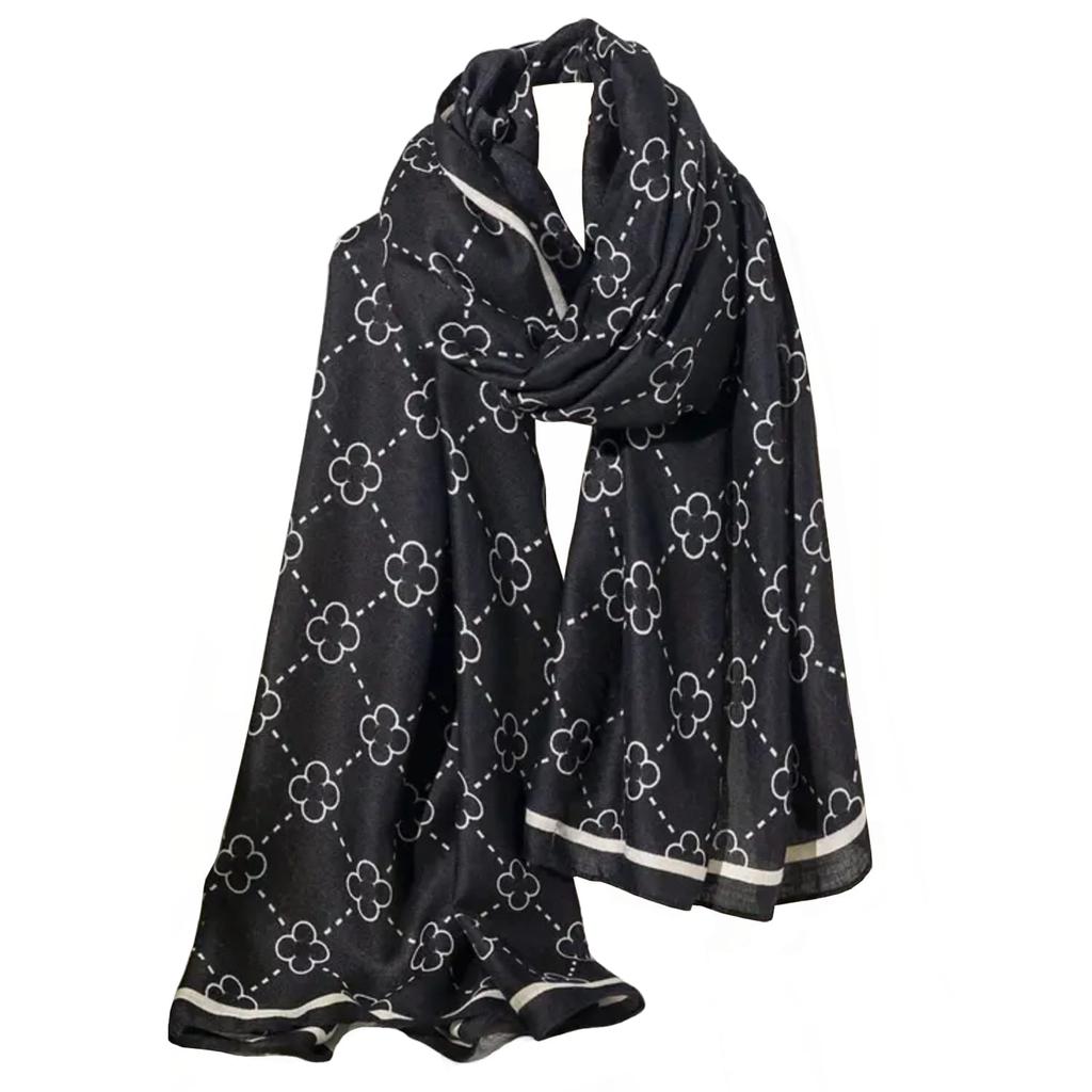 Lucky Clover Viscose Shawl 180x85cm Black with White Clovers