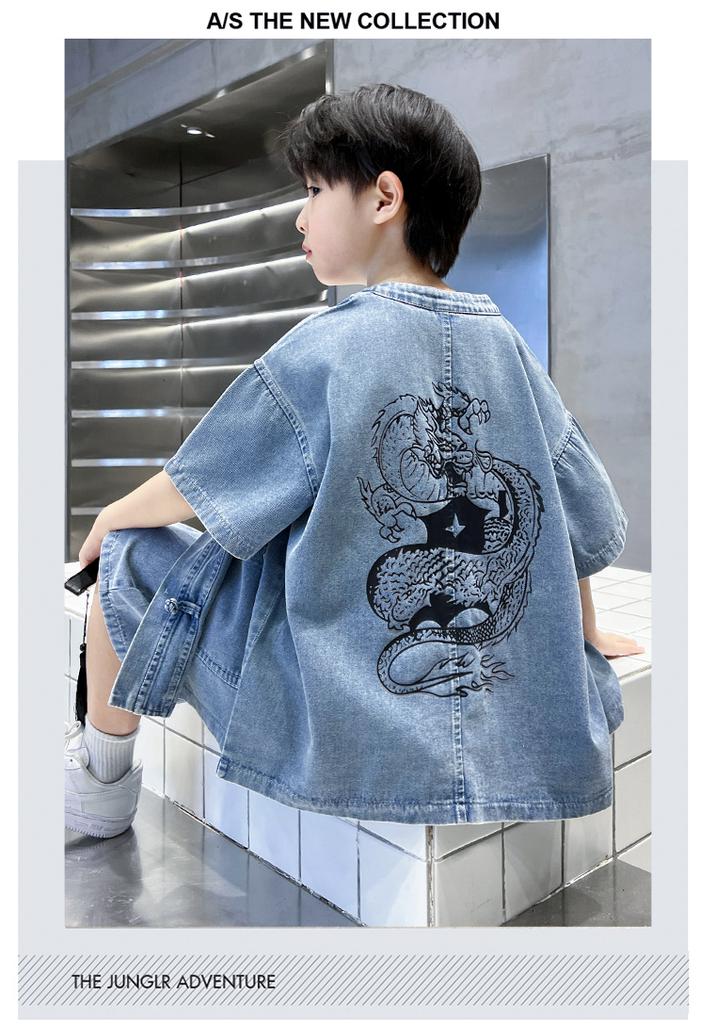 Boys' Summer Denim Set 2026 New Mid to Large Children's Summer Boys' Thin Short Sleeve Children's Loose Top Trendy