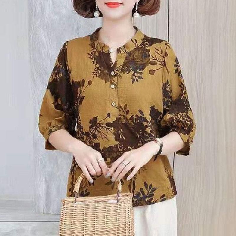 Fashion Vintage Folk Printed Shirt 2025 Summer Loose Half Sleeve Female Clothing Casual V-Neck Button Commute All-match Blouse
