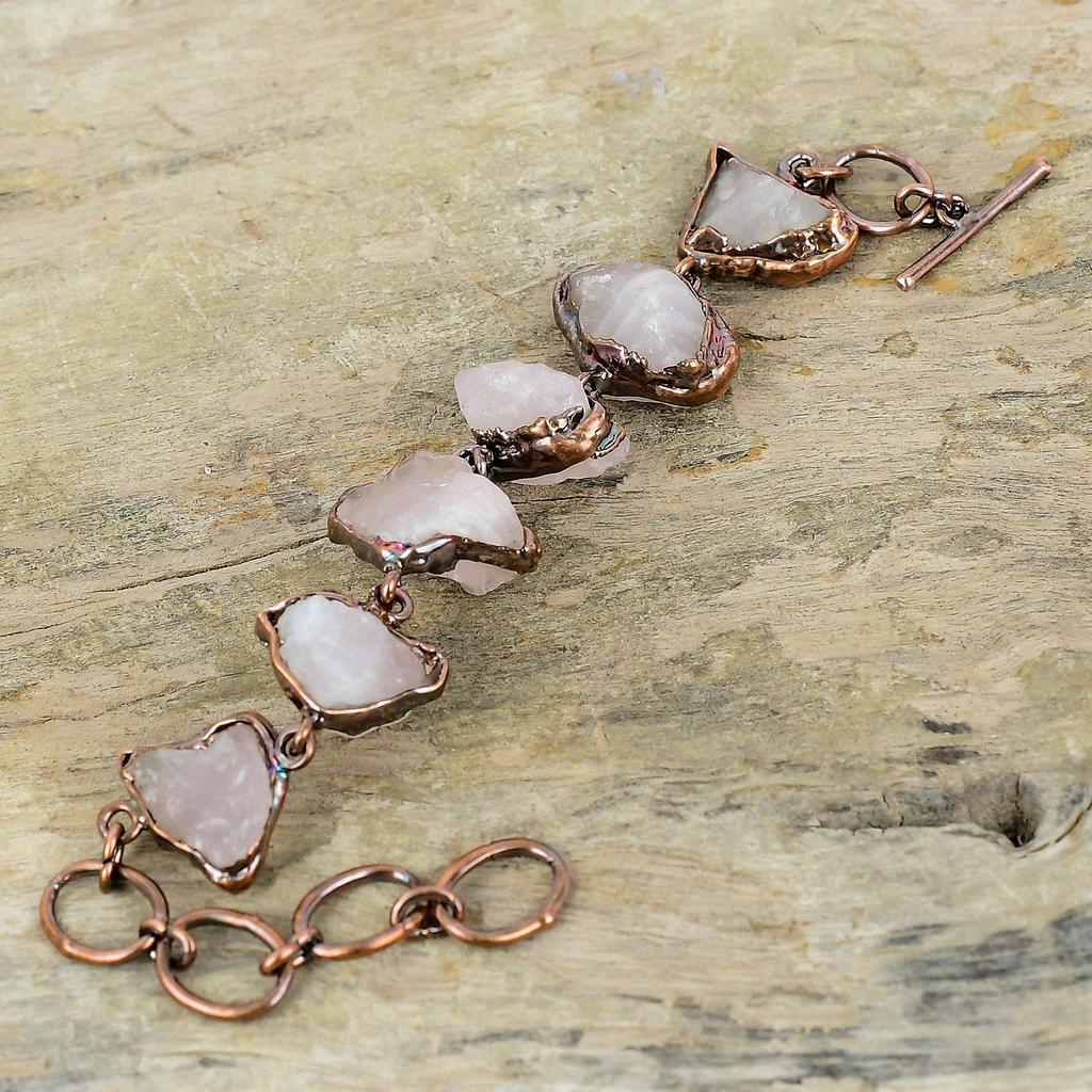 Rose Quartz Rough Bracelet Electroformed Copper Bracelet Adjustable Chain Bracelet Gemstone Bracelet For Gift Handmade Electroformed Jewelry