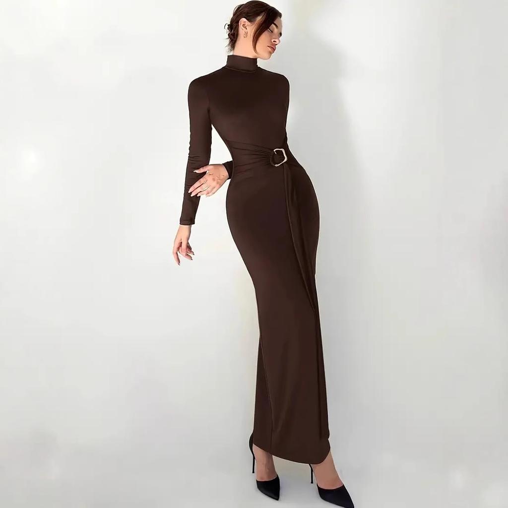 Women's Temperament Elegant Slimming High Waist Knit High Neck Solid Colour Dresses