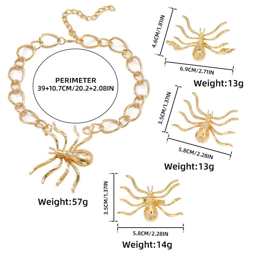 Exaggerated Gold Alloy Spider Pendant Necklace, Ring, Brooch, and Earrings Set
