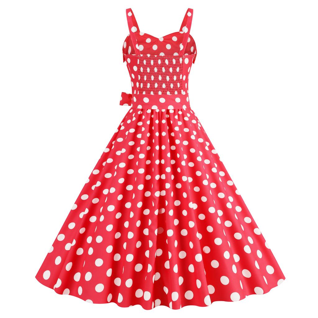 Women Vintage Dress 50s Retro A-line Big Swing Sleeveless Dot Print Contrast Color Elastic Bust High Tight Waist Backless Knee Length Evening