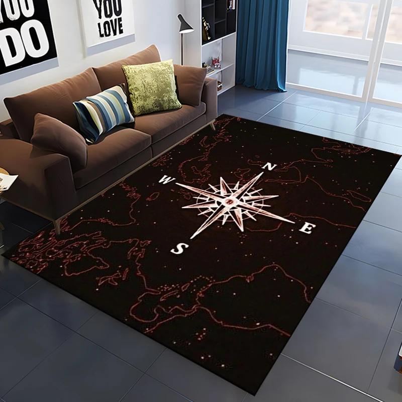 3D Retro Compass Map World Map Area Rug,Carpet Rug for Living Room Bedroom Sofa Decoration,Kitchen Doormat Non-slip Floor Mat