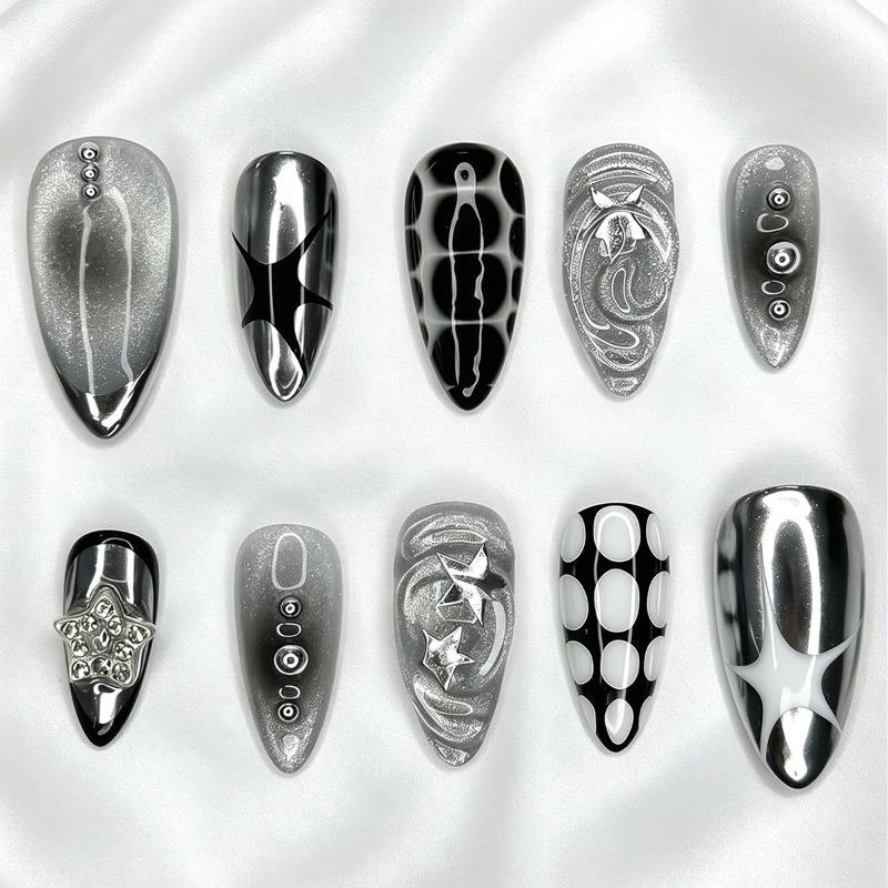 24PCS Y2k Gothic Black Almond Stick on False Nails Silver Cat Eye Metallic Star Rhinestone with Polka Dots Wearable Fake Nails