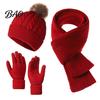 Elastic Stretch Thermal Protection for Daily Commute Winter Hat Scarf Gloves Set, Knitted Pom Warm Fuzzy Ball with Gloves, Solid Color Cozy