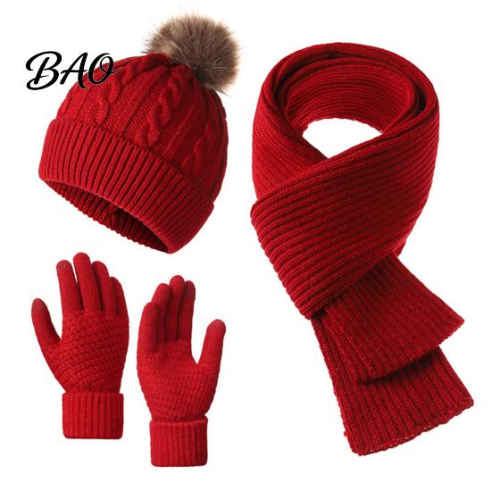 Elastic Stretch Thermal Protection for Daily Commute Winter Hat Scarf Gloves Set, Knitted Pom Warm Fuzzy Ball with Gloves, Solid Color Cozy