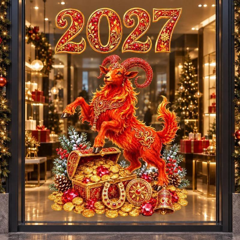 2027 Year Of The Sheep Decorative Window Stickers Reusable Static Cling Decals For New Year Christmas Home Bedroom Glass