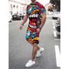 Summer Men's Fashion Casual Sports Set Loose-Fit Trendy Doll Graffiti Print Crew Neck Short Sleeve Two-Piece Set with Shorts