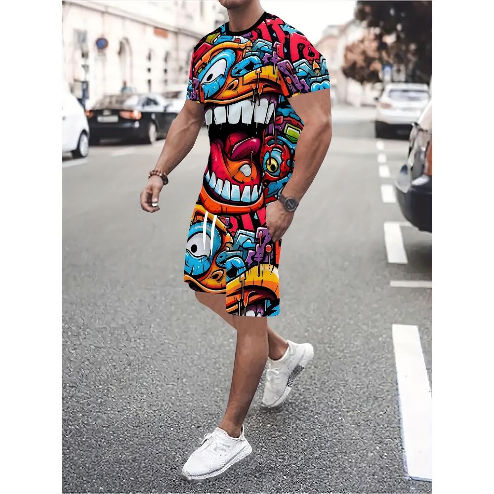 Summer Men's Fashion Casual Sports Set Loose-Fit Trendy Doll Graffiti Print Crew Neck Short Sleeve Two-Piece Set with Shorts