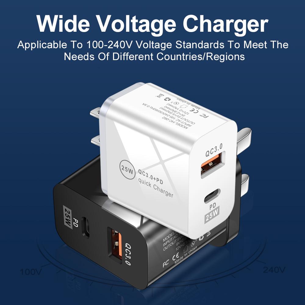 25W PD Fast Charger 5A for Mobile Phones, UK/EU/US Type-C Adapter