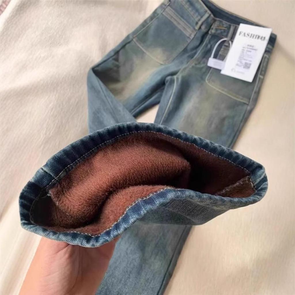 Damen Zementgraue Retro Micro-Flared Fleecegefütterte High-Waist Jeans - Übergröße, Bodenlang, Schlankmachend, Herbst/Winter-Bekleidung.