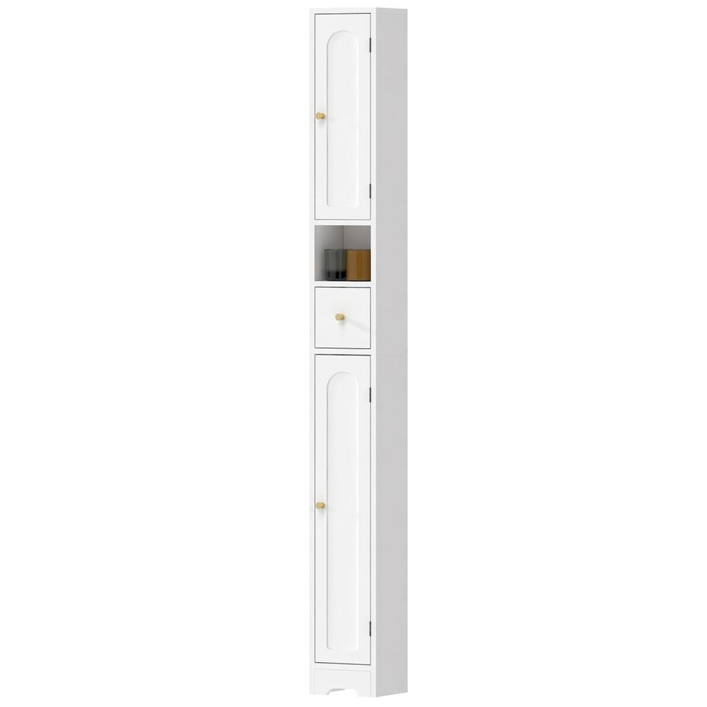 Bathroom Cabinet, Narrow Bathroom Cabinet with Drawer, Arched Doors, Open Shelf, Adjustable Shelf, 20x20x185 Cm, White
