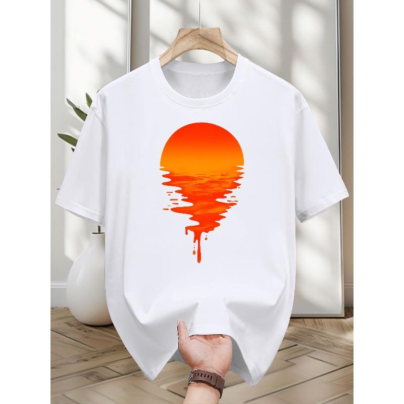 Men'S Heavyweight Crew Neck T-Shirt - Vibrant Orange & Red Sunset Graphic Print, Breathable Summer Casual Tee for Outdoor Activities