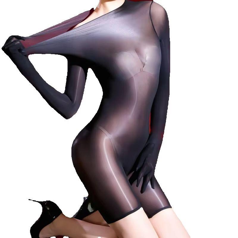Sexy Women 5D Thin Oil Shiny Smooth Bodysuit Gloves Sleeve Sexy Tights Elastic Yoga Shaping Unisex Playsuit Maid Leotard