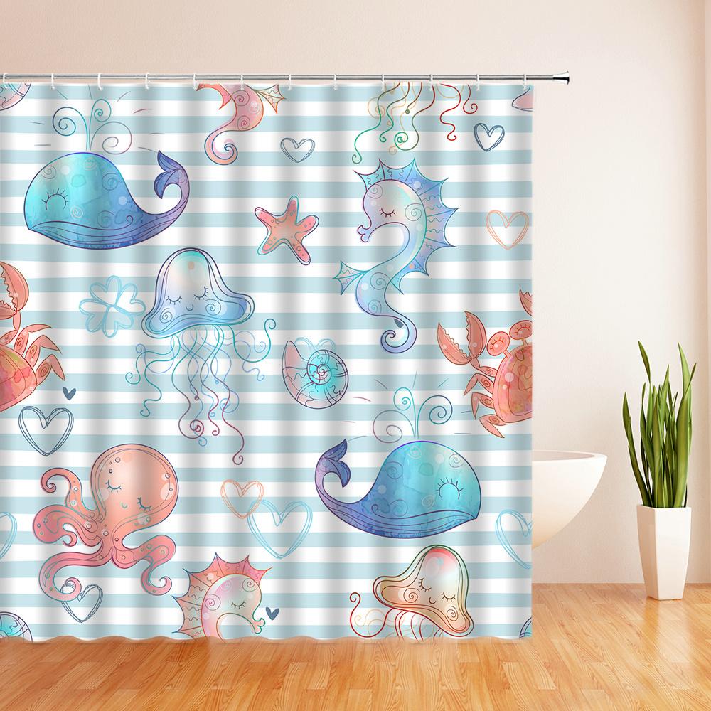 Ocean Colorful Fish Cartoon Shower Curtains Bathroom Curtain Waterproof Polyester Fabric Decor Bath Curtain 180*180Cm With Hooks