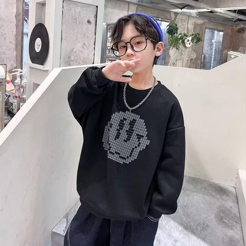 2024 Boys' Smiley Print Long Sleeve Sweatshirt - Spring/Autumn Style for Big & Middle Kids