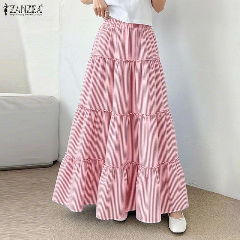 ZANZEA Women Casual Elastic Waist Loose Stripe Long Skirts