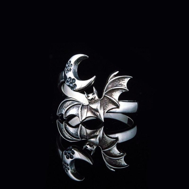 Silver Women's Adjustable Ring Universal Bat And Moon