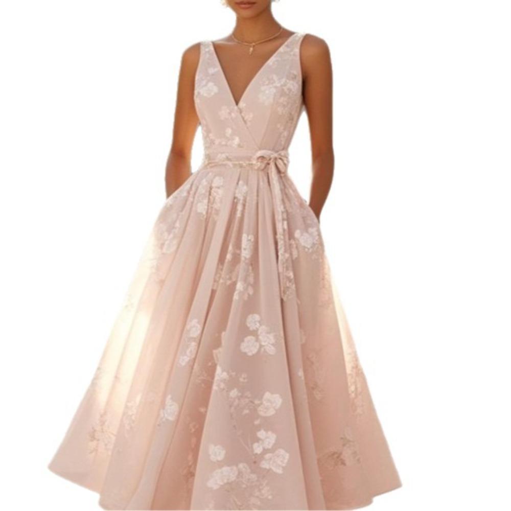 European and American Women's Dress Banquet Evening Dress, Sleeveless Vest V-neck, Digital Printing Dress