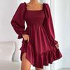 Spring Autumn Women Pleated Wrapped Chest Mini Dress Square Collar Long Sleeve