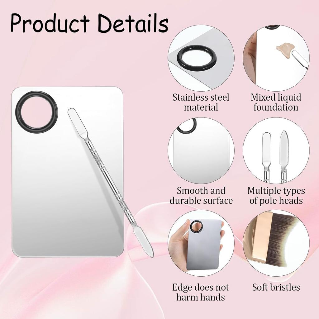 Makeup Mixing Palette, Stainless Steel Cosmetic Makeup Palette with Spatula and Brush Make Up Artist Foundatio Tool for Facial Cosmetic, Nail Art,