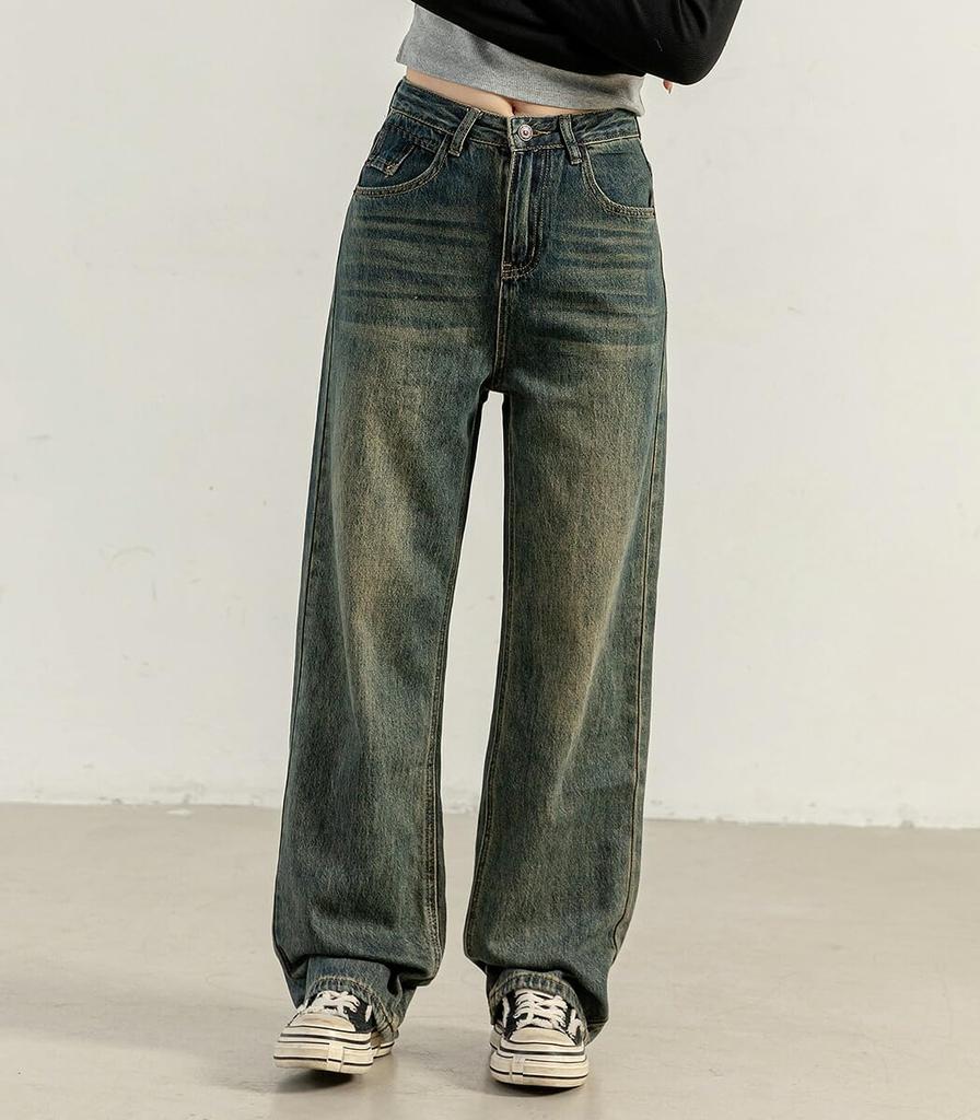 DAYCLOSET Denim Straight Medium Size Blue Women's Korean-Style Wide-Leg Pants, Fit, Vintage-Finish, Thickness, Spring, Autumn, Winter, Pants566, M,