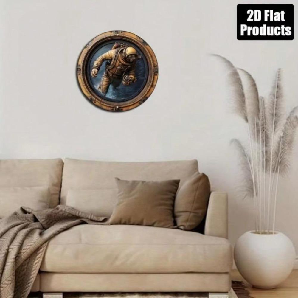 Antique Diver Ocean Wall Art 8x8 Inch Round Metal Sign Home Nautical Decor