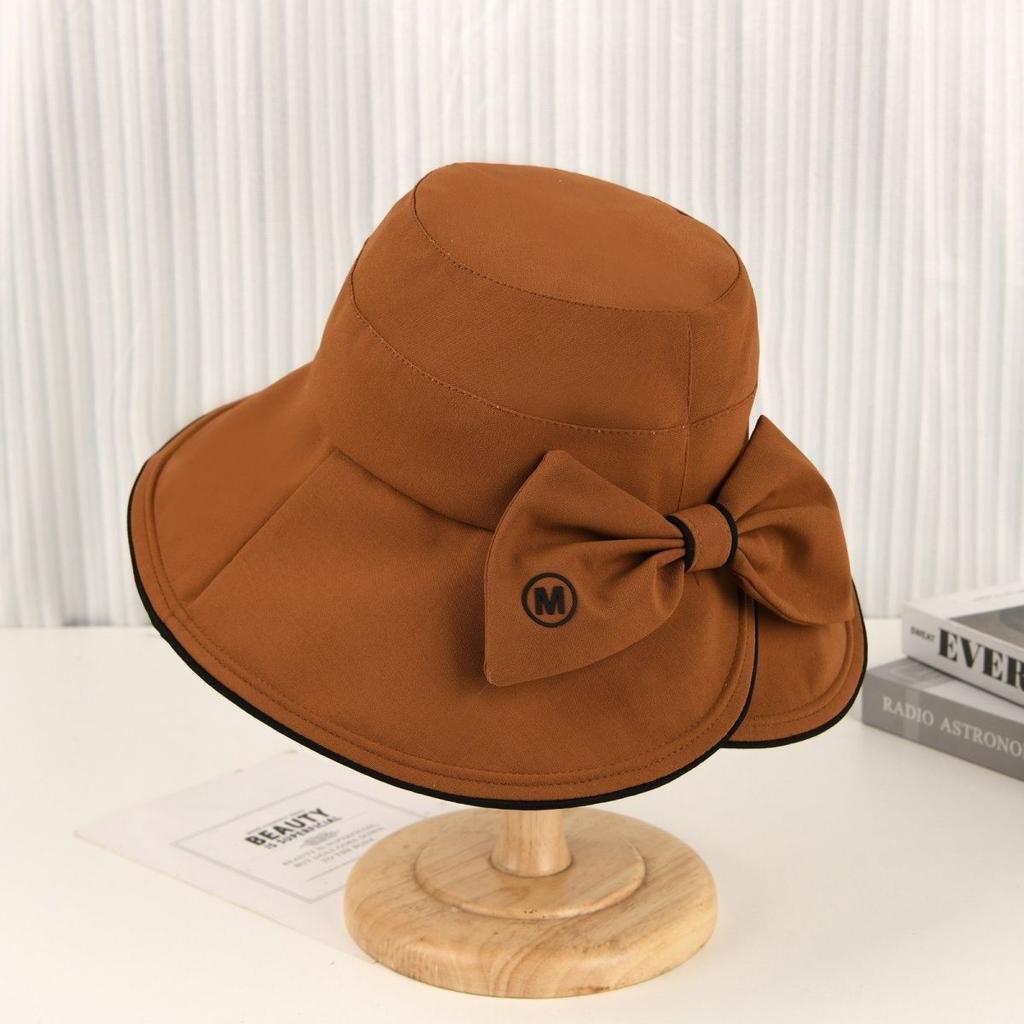 New M standard versatile bow big eaves bucket hat fashionable casual sun hat showing face small sun protection hat