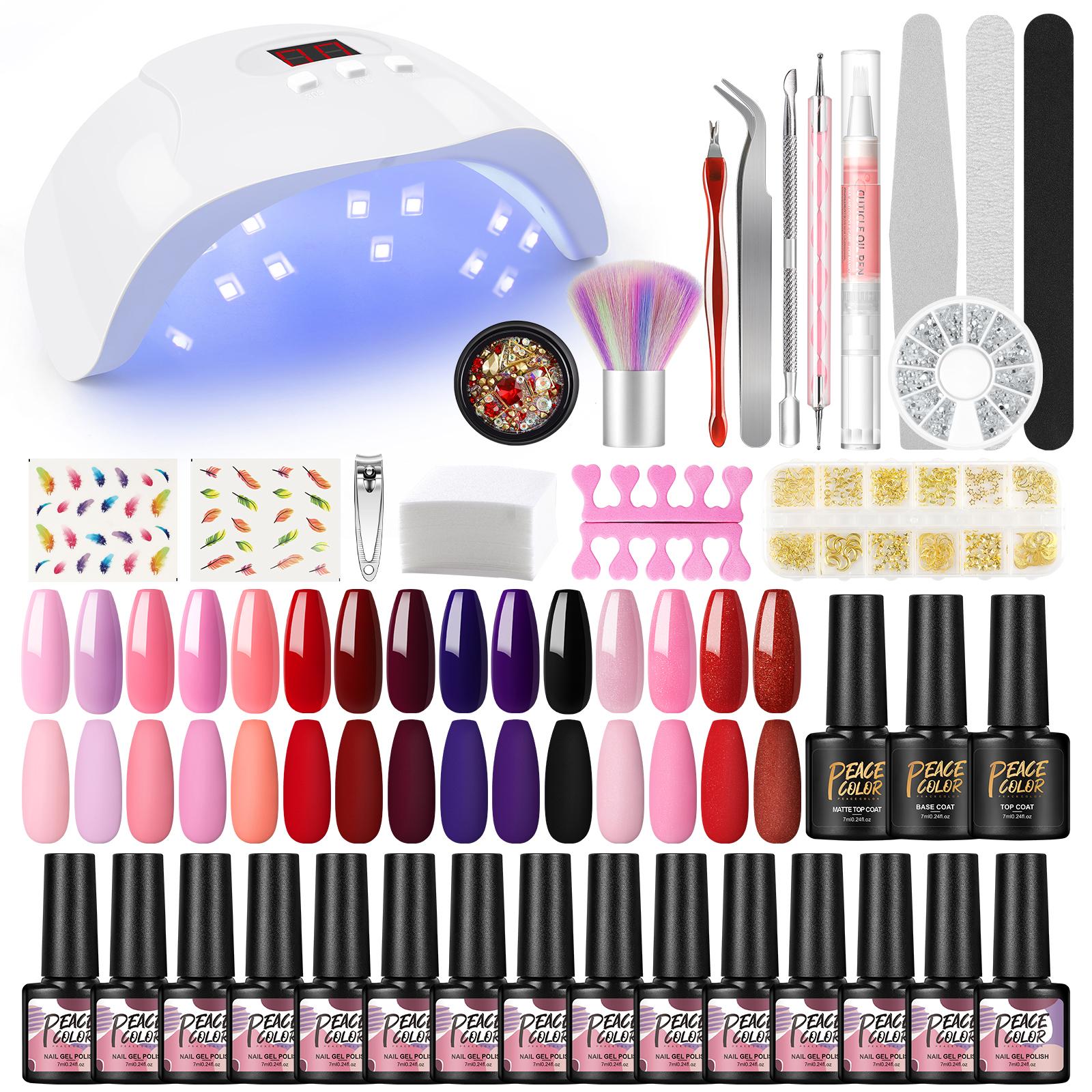 

PEACECOLOR Nail Gel Polish Set with Nail Lamp Base Matte Top Coat and Nail Art Decoration Rhinestone Manicure Tools for Nail Decorations