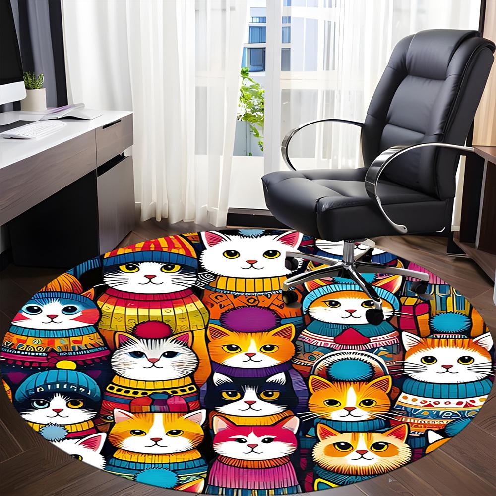 1pc Cat Winter Office Round Area Rug, Mat Suitable For Office, Under Office Chairs Bedroom Living Room Home Decor, Room Deco