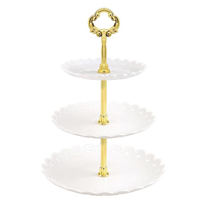 3-Tier Cake Stand with Gold Handle for Cakes and Desserts, Plastic