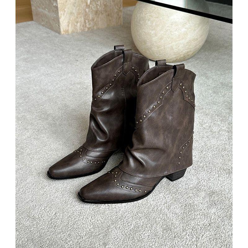 Autumn New Pants Boots Women's Short Boots Niche Design Retro Rivet Thick Heel Western Cowboy Boots Medium Tube Martin Boots