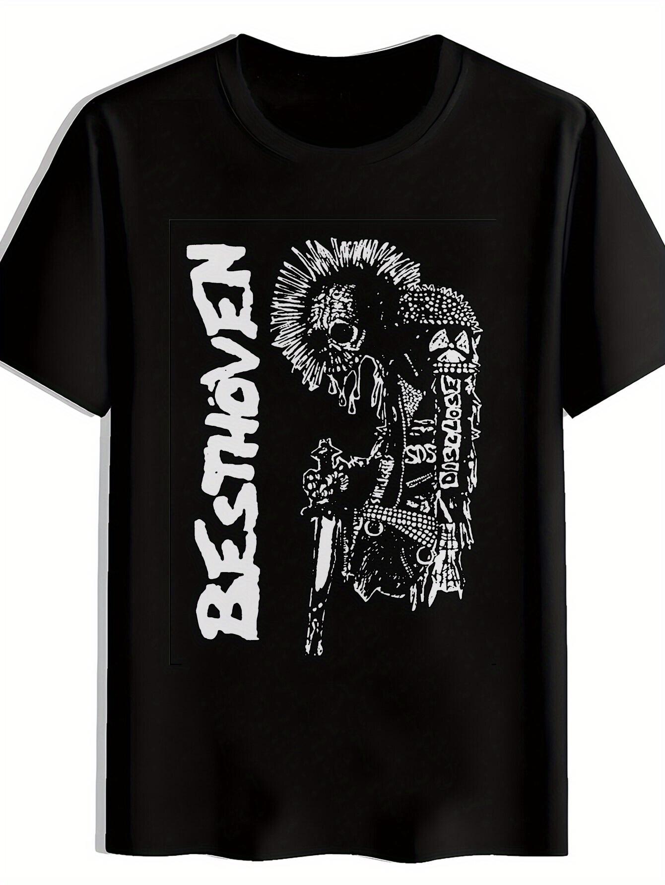 

Vintage Rock Band Graphic T-shirt - Black Short Sleeve Round Neck Tee with S