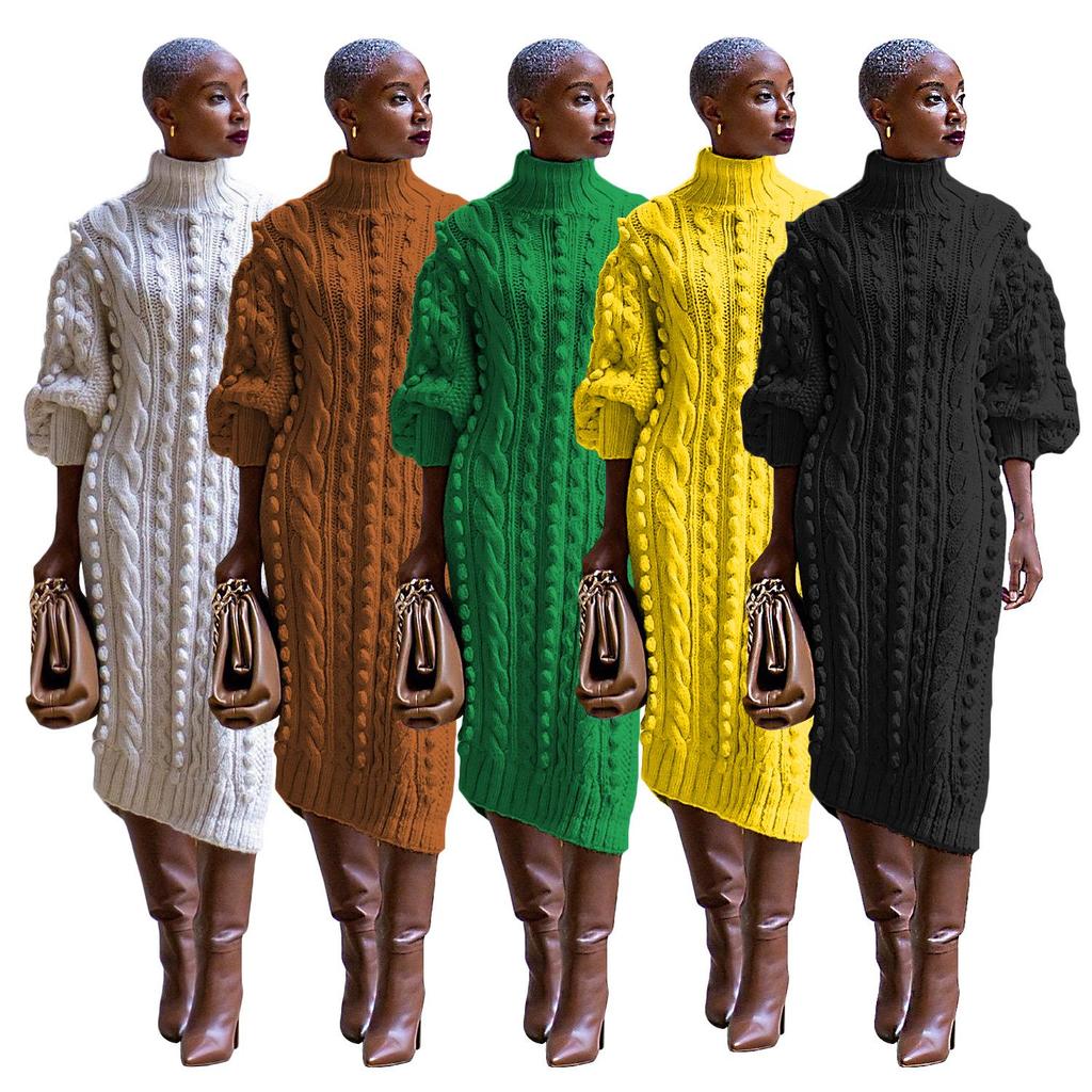 European & American Women's High Neck Knitted Slit Dress