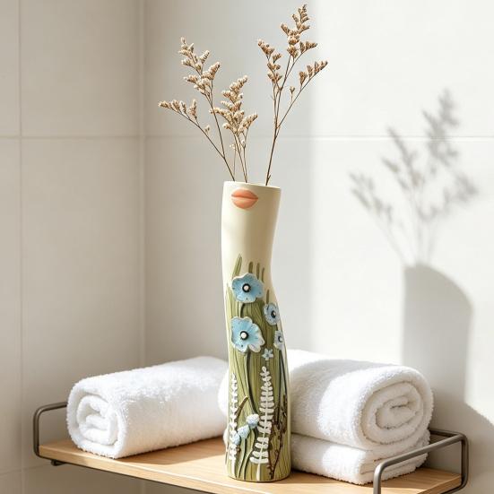 Resin Decorative Vase with 3D Relief Flowers And Human Face Design, Artistic Flower Vase for Home Desk Shelf Decor