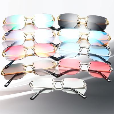 Lunettes de soleil rectangulaires à bords coupés sans monture de haute qualité avec protection UV, lunettes de soleil à branches à ressort, lunettes pour femmes et hommes