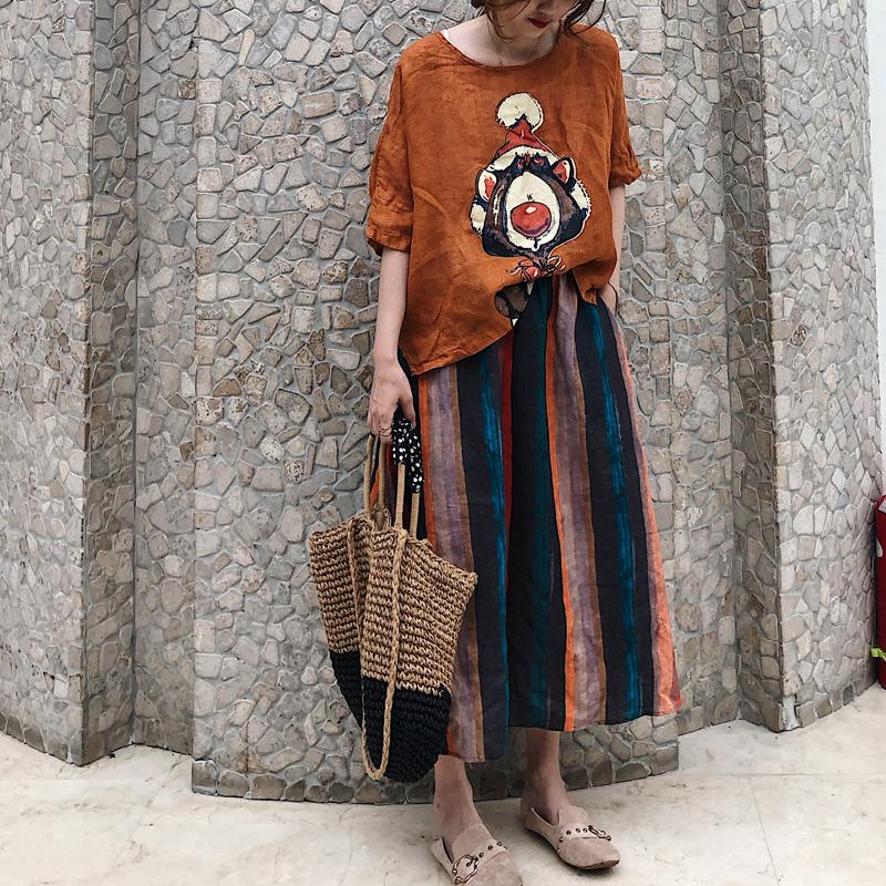 DIMANAF 2025 Women Summer Linen Bat T-shirt Shirt Printed Pattern Blouse Short Sleeve Fashion Tops Tees Loose Tees New