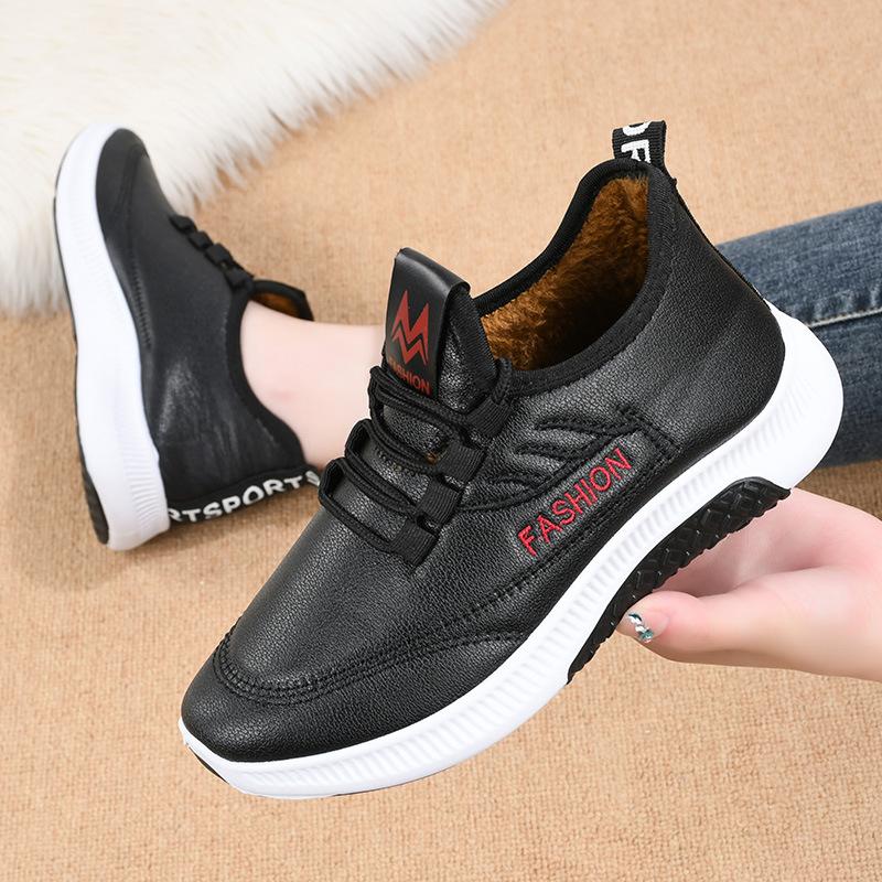 Leather waterproof sports casual cotton shoes women's autumn and winter piled thickened mother two cotton shoes new cotton boots women