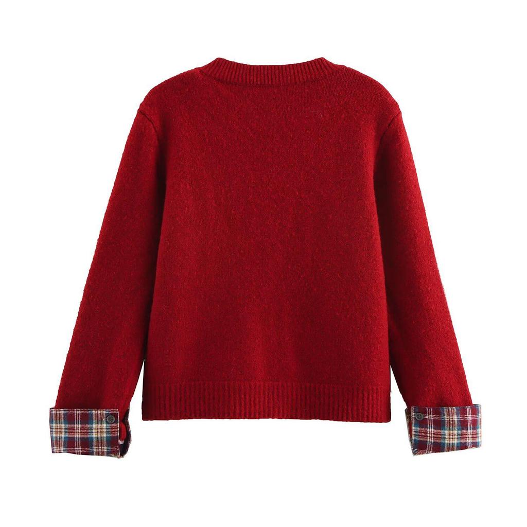 2024 Winter Women's European & American Plaid Patchwork Round Neck Knit Cardigan Sweater.