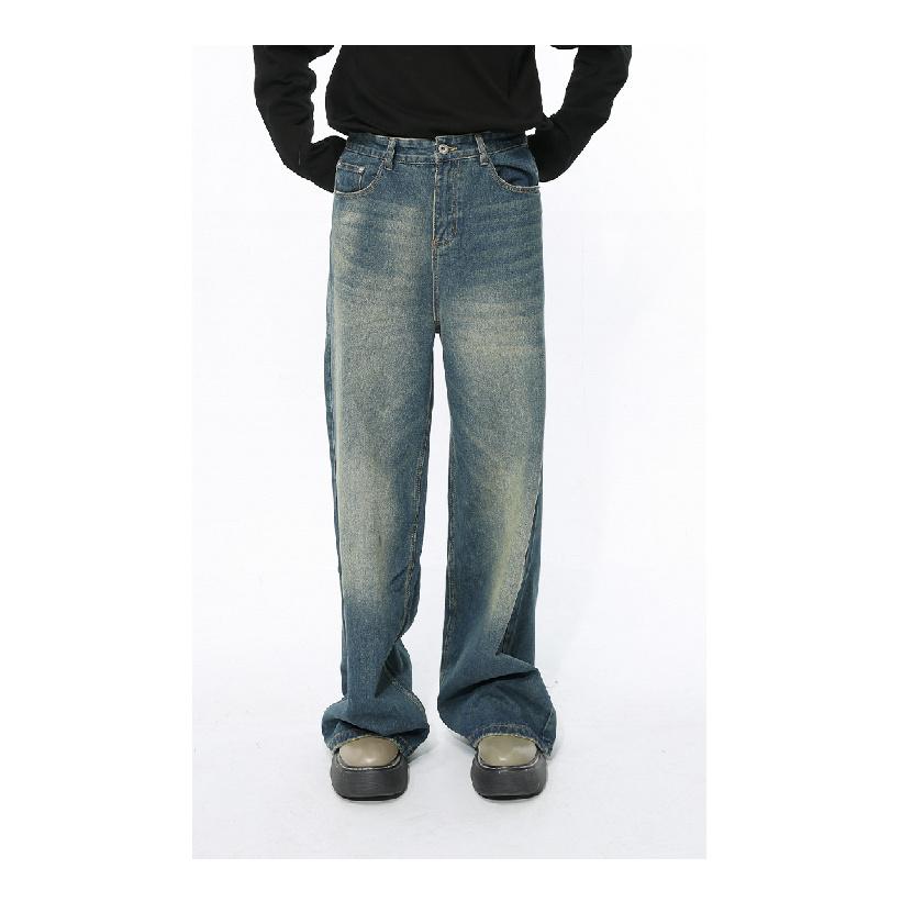 Korean-style distressed vibe design retro blue casual wide-leg straight men's jeans trendy