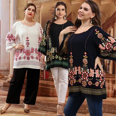 Blusa feminina 5xl plus size, gola redonda, manga comprida, estampa floral, blusa casual solta, túnica feminina de grandes dimensões