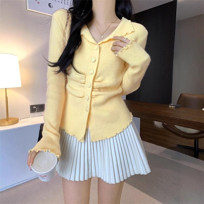 Lapel fungus edge knitted cardigan sweater women's autumn new slim waist top trendy